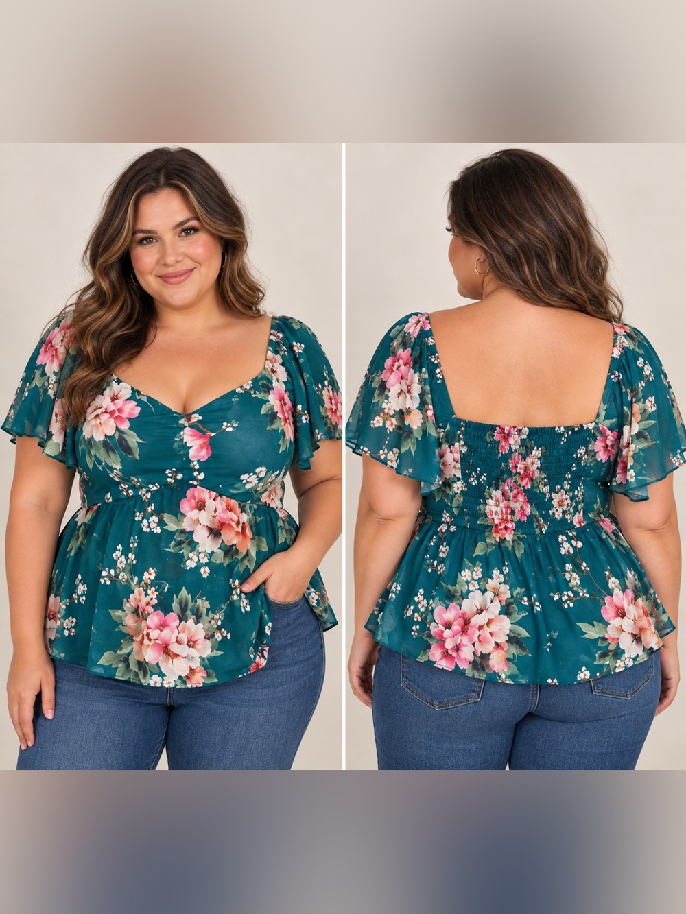 City Chic Teal Floral Peplum Top Size 22 XL Plus Size